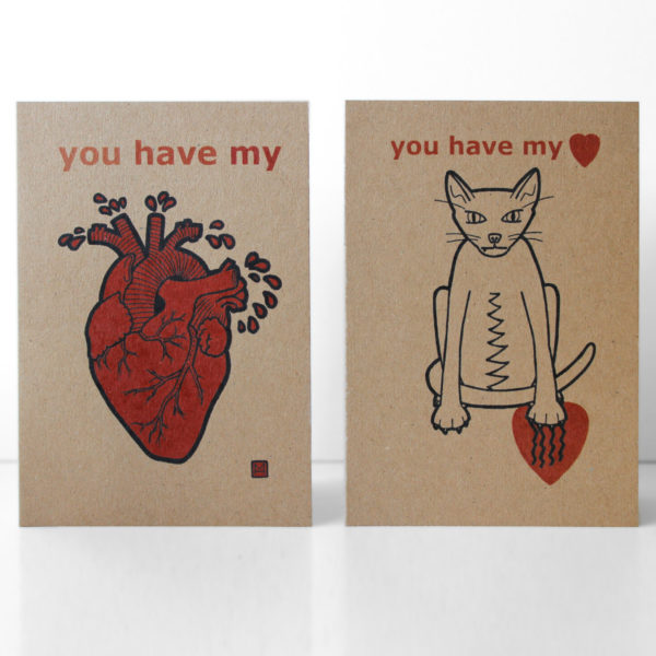 Valentines card - you have my heart - anatomical heart & snaggle toothed cat - illustrations of an anatomical heart and a snaggle toothed cat scratching a heart, printed on 290gsm Kraft cardcard - you have my heart - anatomical heart & scratchy cat - illustrations of an anatomical heart and a snaggle toothed cat scratching a heart, printed on 290gsm Kraft card