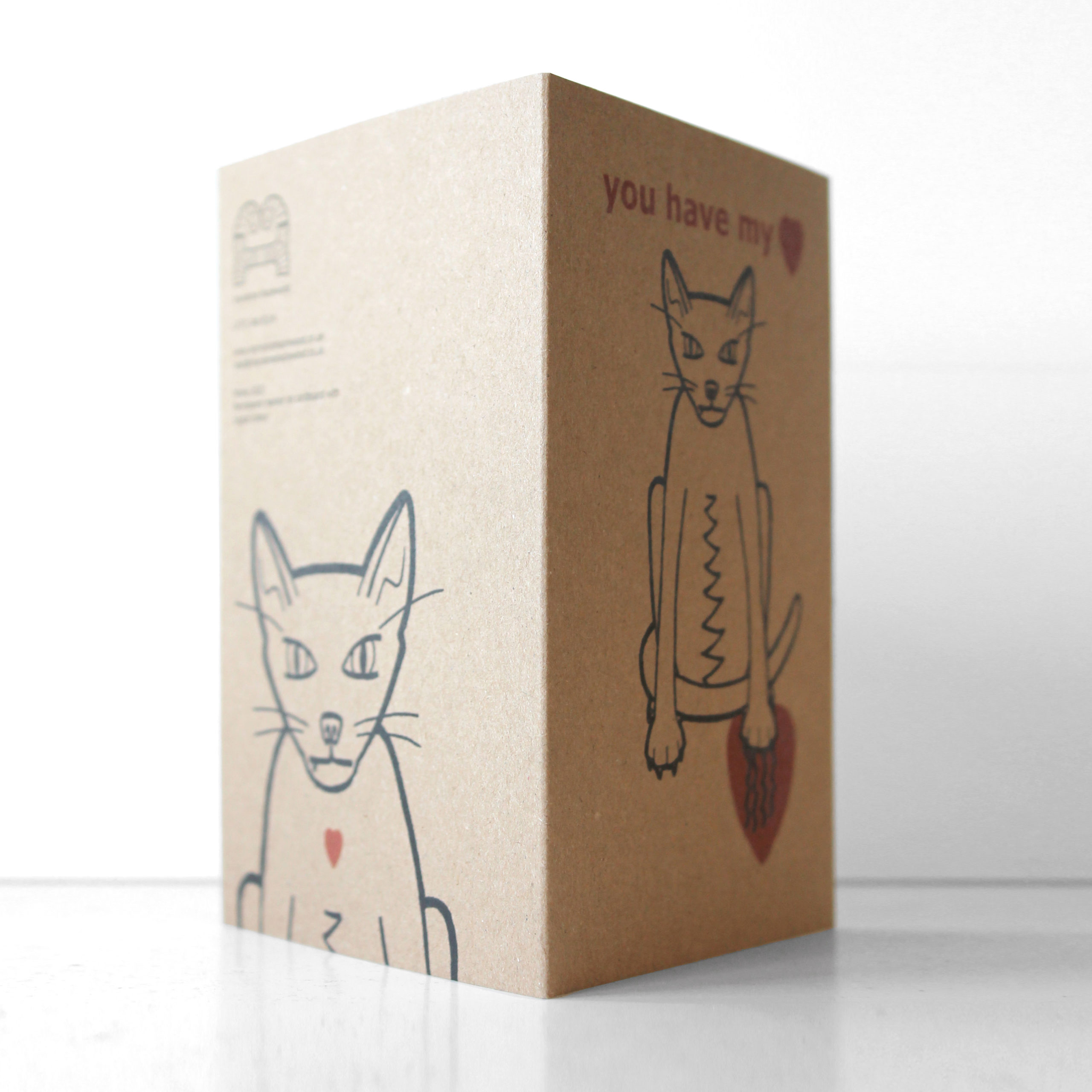 Valentines card - you have my heart - snaggle toothed cat - an illustration of a snaggle toothed cat scratching a heart, printed on 290gsm Kraft card