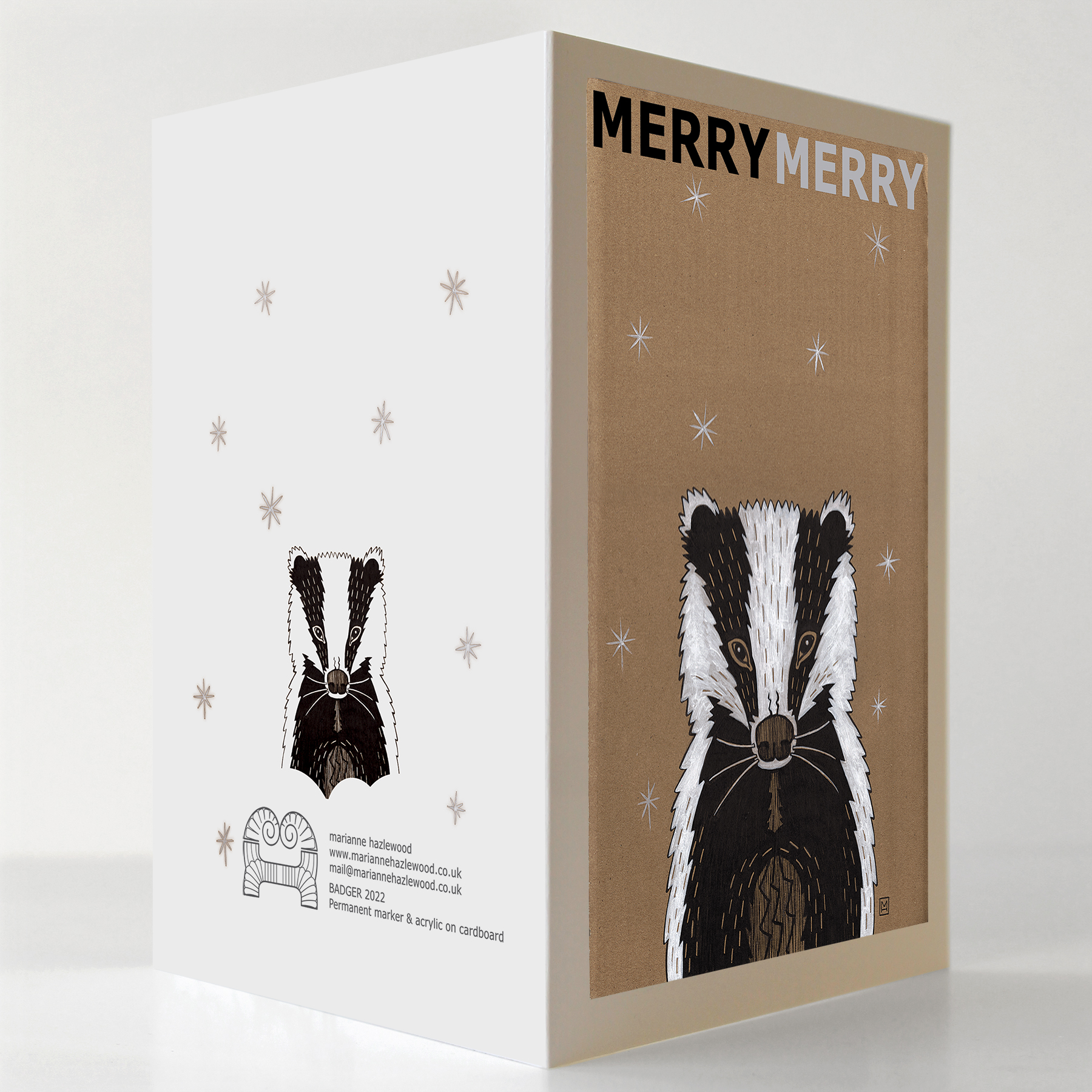 Badger in the snow festive greetings card, illustrated by Marianne Hazlewood, with Merry Merry on the front, blank inside Badger in the snow festive greetings card, illustrated by Marianne Hazlewood, with Merry Merry on the front, blank inside